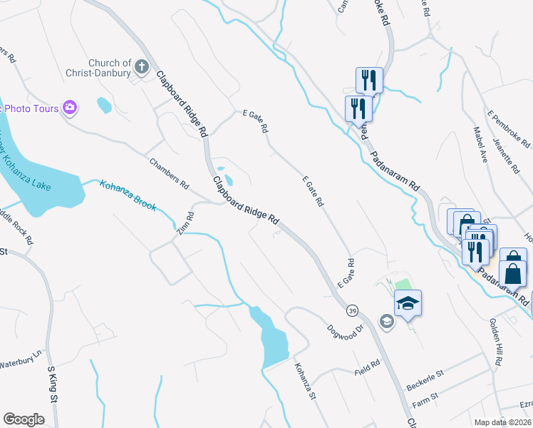 map of restaurants, bars, coffee shops, grocery stores, and more near 93 Connecticut 39 in Danbury