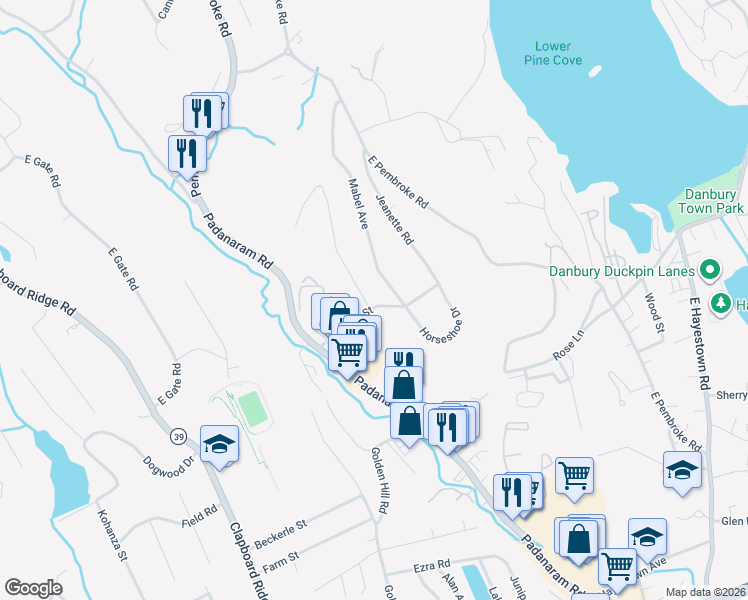 map of restaurants, bars, coffee shops, grocery stores, and more near 9 Jeanette Road in Danbury