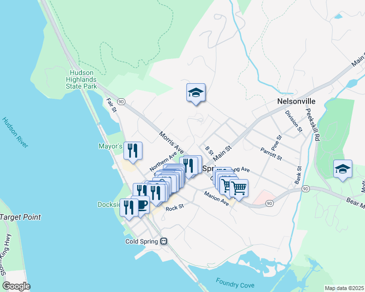 map of restaurants, bars, coffee shops, grocery stores, and more near 14 Morris Avenue in Cold Spring