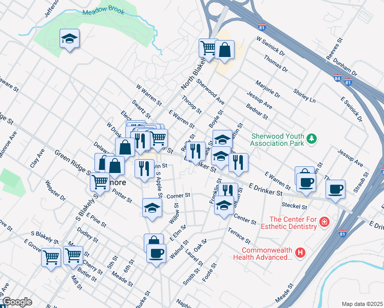 map of restaurants, bars, coffee shops, grocery stores, and more near R Elizabeth Street in Dunmore