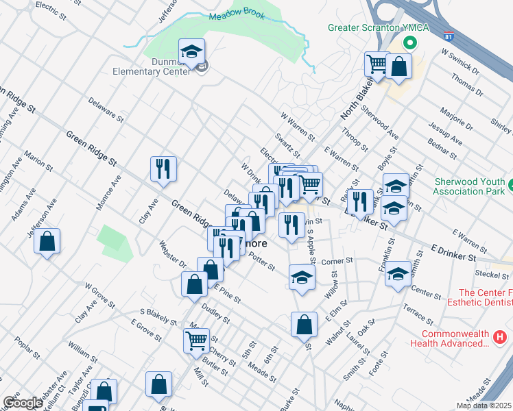 map of restaurants, bars, coffee shops, grocery stores, and more near 2043 Delaware Street in Dunmore