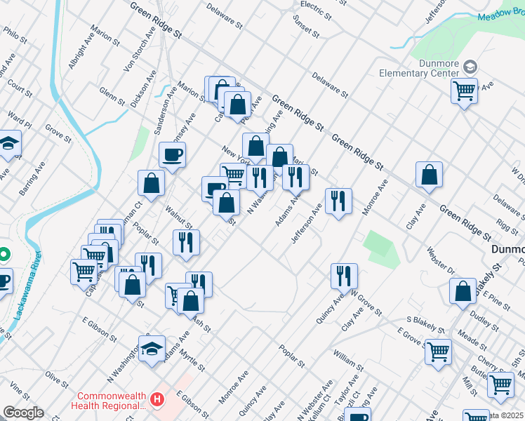 map of restaurants, bars, coffee shops, grocery stores, and more near 1320 North Washington Avenue in Scranton