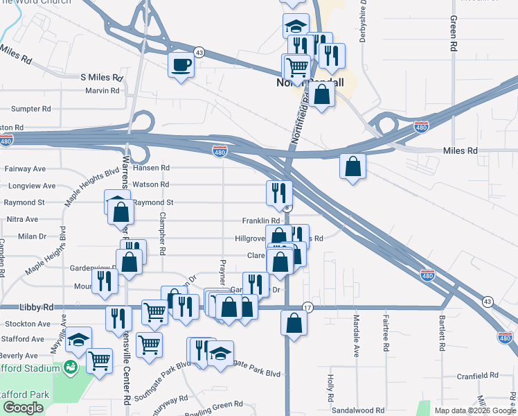 map of restaurants, bars, coffee shops, grocery stores, and more near 21403 Franklin Road in Maple Heights