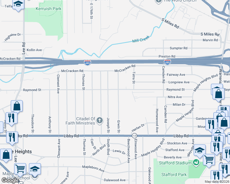 map of restaurants, bars, coffee shops, grocery stores, and more near 5130 Erwin Street in Maple Heights