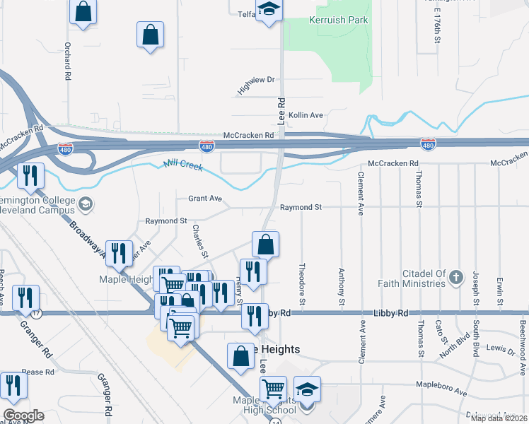 map of restaurants, bars, coffee shops, grocery stores, and more near 15809 Libby Road in Maple Heights