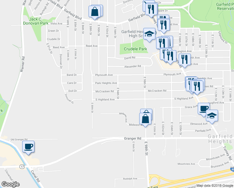 map of restaurants, bars, coffee shops, grocery stores, and more near 9406 South Highland Avenue in Garfield Heights