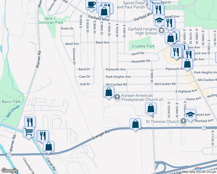 map of restaurants, bars, coffee shops, grocery stores, and more near 9002 South Highland Avenue in Garfield Heights