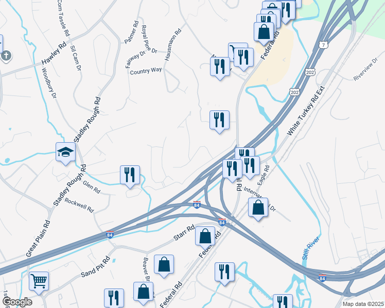 map of restaurants, bars, coffee shops, grocery stores, and more near 166 Old Brookfield Road in Danbury