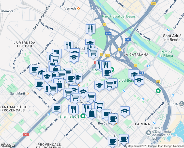 map of restaurants, bars, coffee shops, grocery stores, and more near 8 Avinguda de les Corts Catalanes in Barcelona