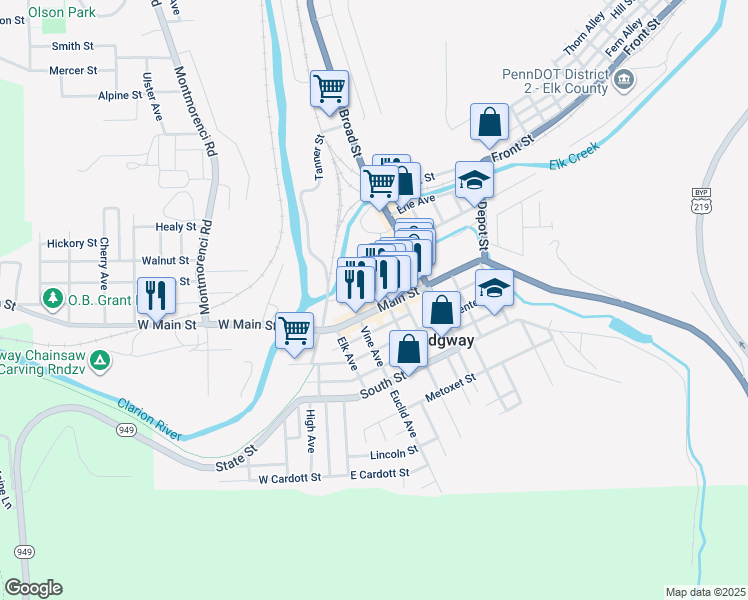 map of restaurants, bars, coffee shops, grocery stores, and more near 132 Main Street in Ridgway