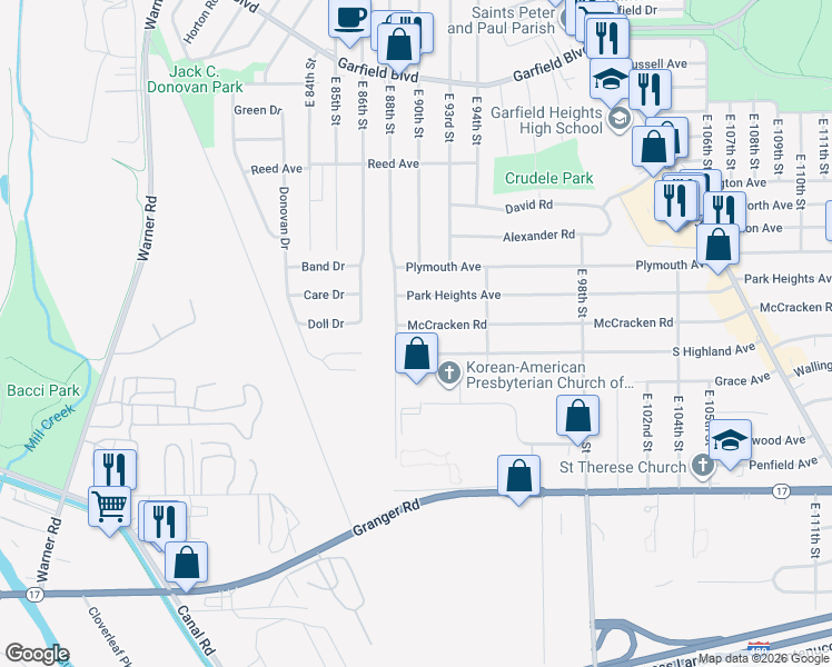 map of restaurants, bars, coffee shops, grocery stores, and more near 9002 South Highland Avenue in Garfield Heights