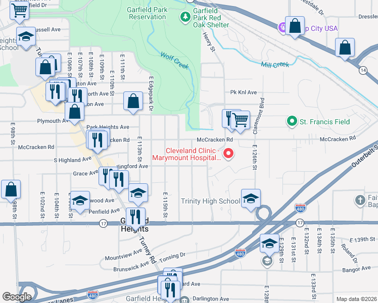 map of restaurants, bars, coffee shops, grocery stores, and more near 5136 East 119th Street in Garfield Heights