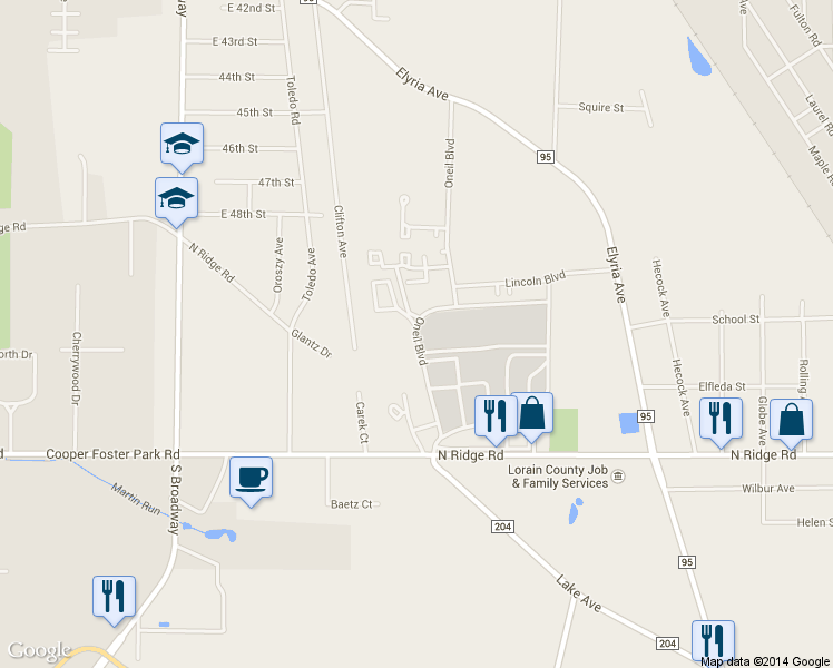 map of restaurants, bars, coffee shops, grocery stores, and more near 4995 Oneil Boulevard in Lorain