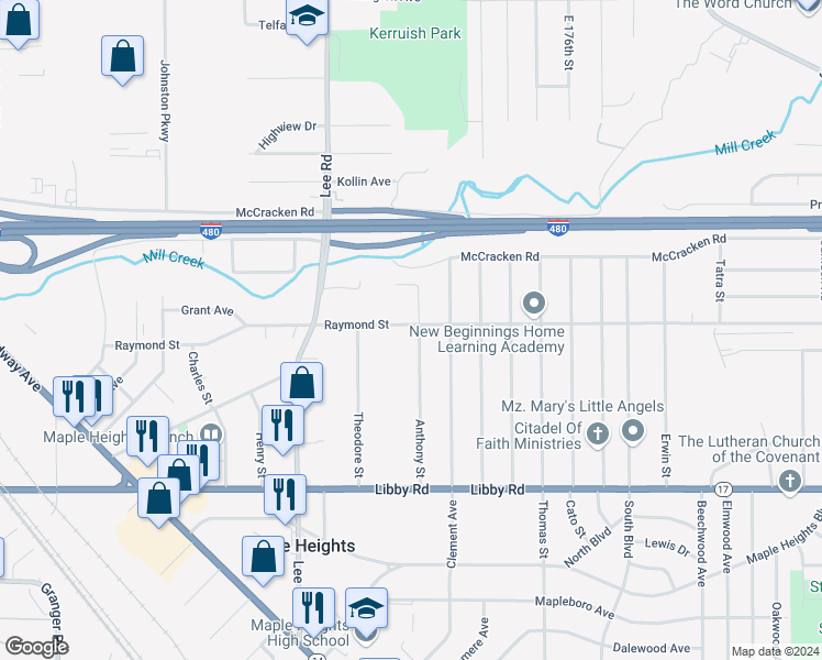 map of restaurants, bars, coffee shops, grocery stores, and more near 5100 Anthony Street in Maple Heights