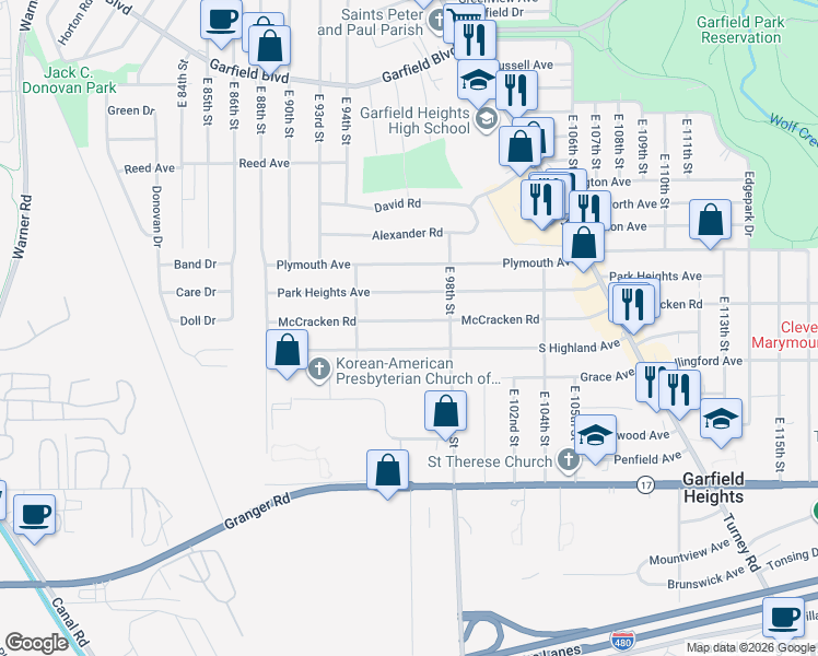 map of restaurants, bars, coffee shops, grocery stores, and more near 9612 South Highland Avenue in Garfield Heights