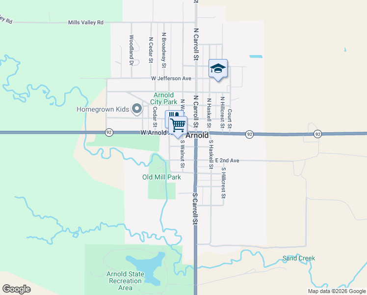 map of restaurants, bars, coffee shops, grocery stores, and more near 31 South Walnut Street in Arnold