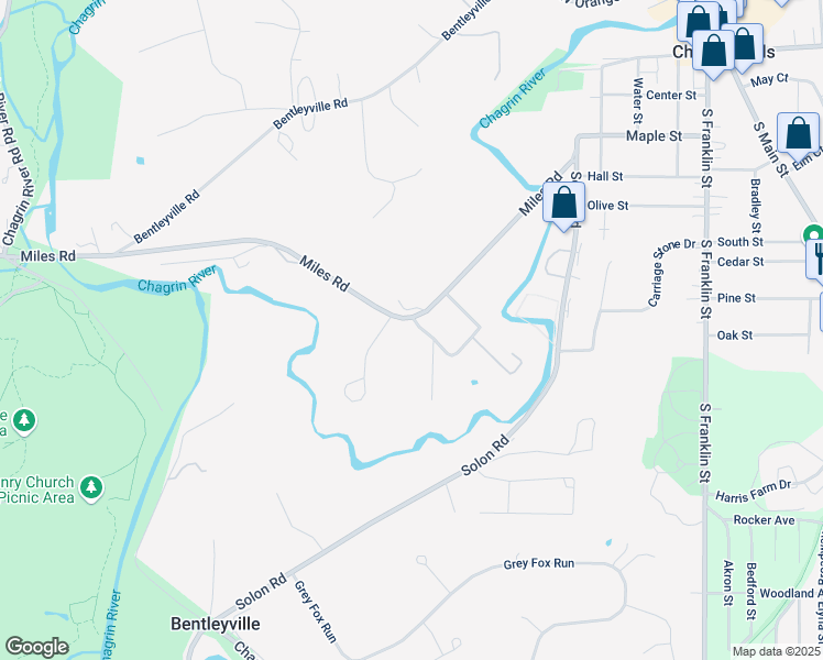 map of restaurants, bars, coffee shops, grocery stores, and more near 225 Hillside Lane in Chagrin Falls
