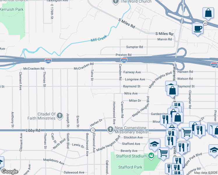 map of restaurants, bars, coffee shops, grocery stores, and more near 18840 Nitra Avenue in Maple Heights