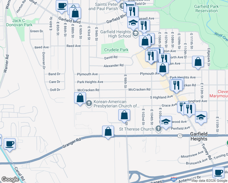 map of restaurants, bars, coffee shops, grocery stores, and more near 9612 South Highland Avenue in Garfield Heights