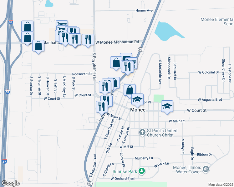 map of restaurants, bars, coffee shops, grocery stores, and more near 25830 South Chestnut Road in Monee