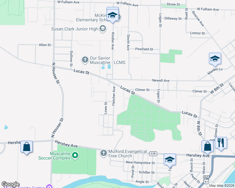 map of restaurants, bars, coffee shops, grocery stores, and more near 601-799 Fletcher Avenue in Muscatine