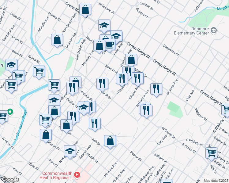map of restaurants, bars, coffee shops, grocery stores, and more near 1325 North Washington Avenue in Scranton