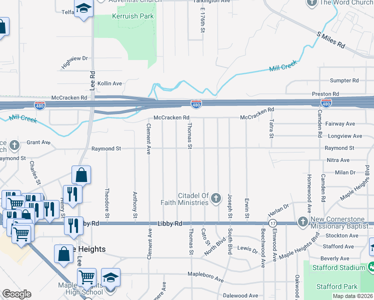 map of restaurants, bars, coffee shops, grocery stores, and more near 5126 Thomas Street in Maple Heights