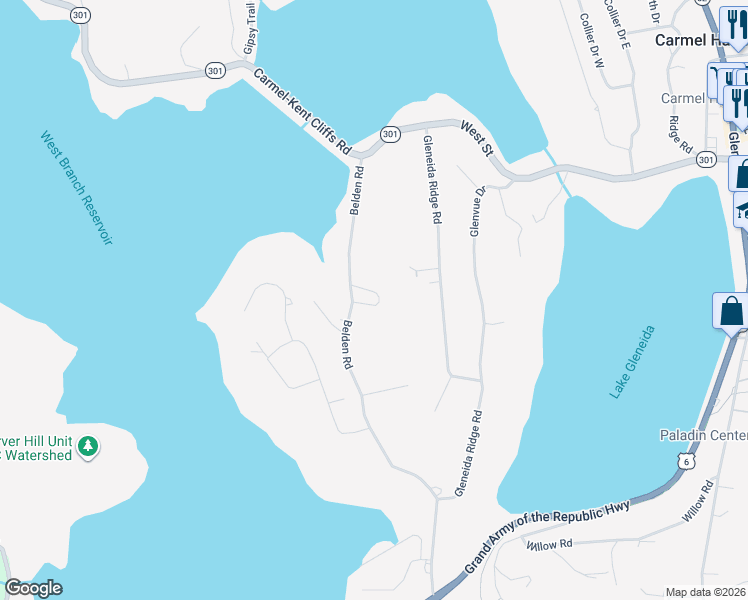 map of restaurants, bars, coffee shops, grocery stores, and more near 54 Belden Road in Carmel Hamlet