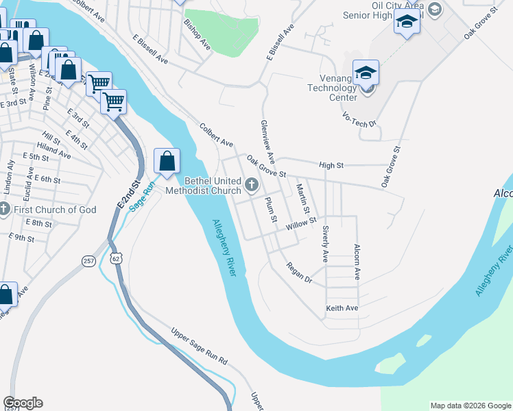 map of restaurants, bars, coffee shops, grocery stores, and more near 506 Colbert Ave in Oil City