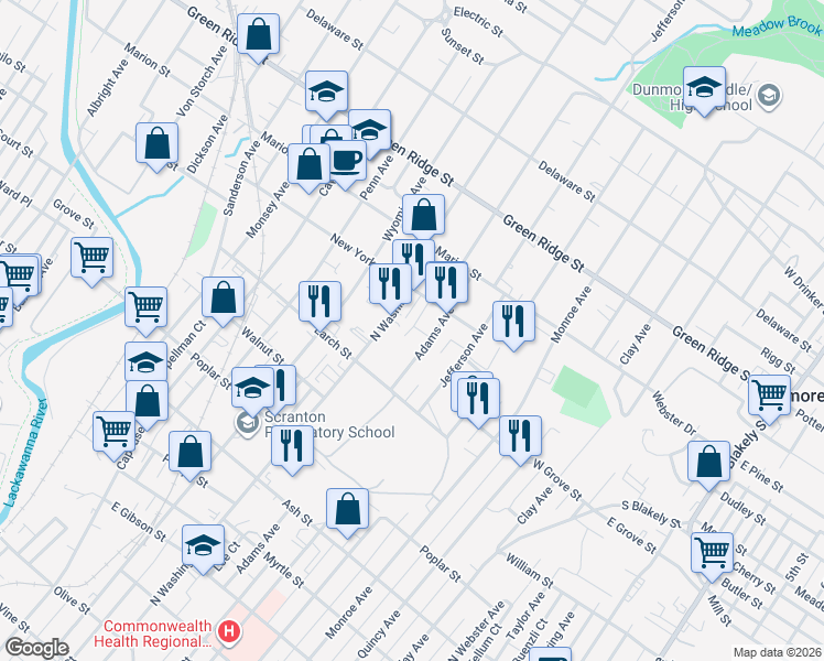 map of restaurants, bars, coffee shops, grocery stores, and more near 1322-1326 Adams Avenue in Dunmore