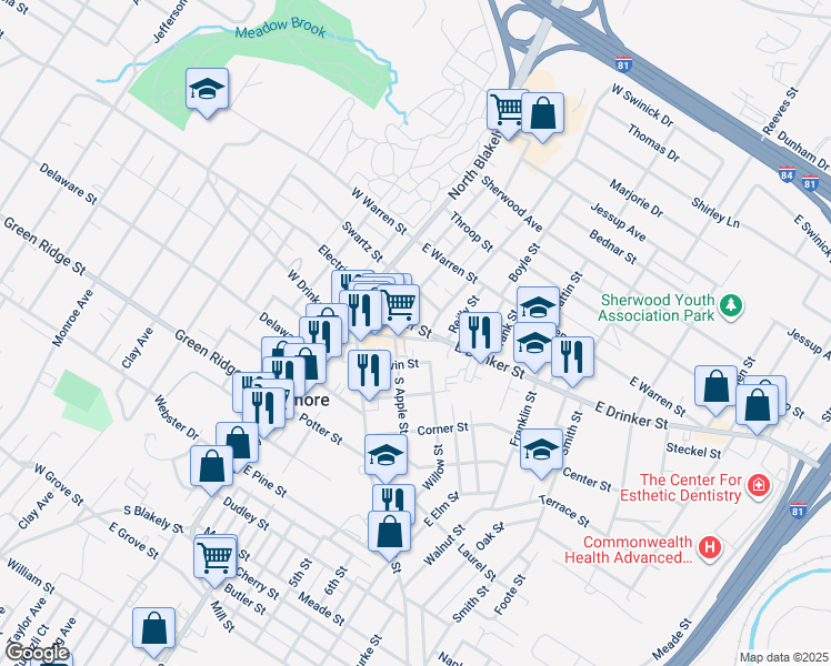 map of restaurants, bars, coffee shops, grocery stores, and more near 313 East Drinker Street in Dunmore