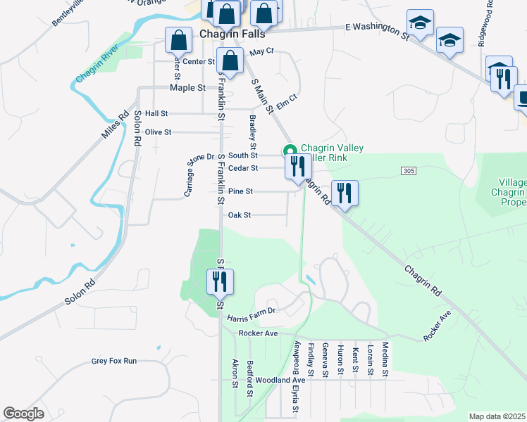 map of restaurants, bars, coffee shops, grocery stores, and more near 7082 Oak Street in Chagrin Falls