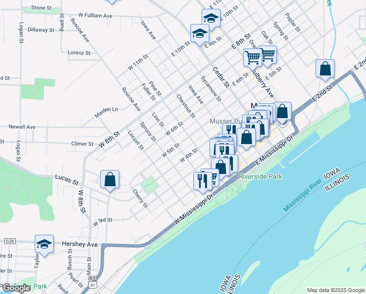 map of restaurants, bars, coffee shops, grocery stores, and more near 419 Pine Street in Muscatine