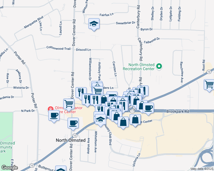 map of restaurants, bars, coffee shops, grocery stores, and more near in North Olmsted
