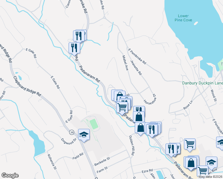 map of restaurants, bars, coffee shops, grocery stores, and more near 61B Padanaram Road in Danbury