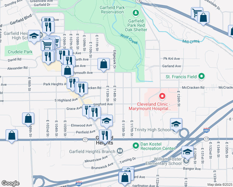 map of restaurants, bars, coffee shops, grocery stores, and more near 11403 McCracken Road in Garfield Heights