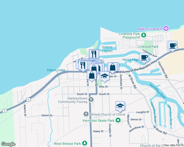map of restaurants, bars, coffee shops, grocery stores, and more near 5561 Liberty Avenue in Vermilion