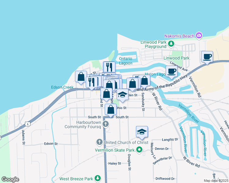 map of restaurants, bars, coffee shops, grocery stores, and more near 651 Ohio 60 in Vermilion