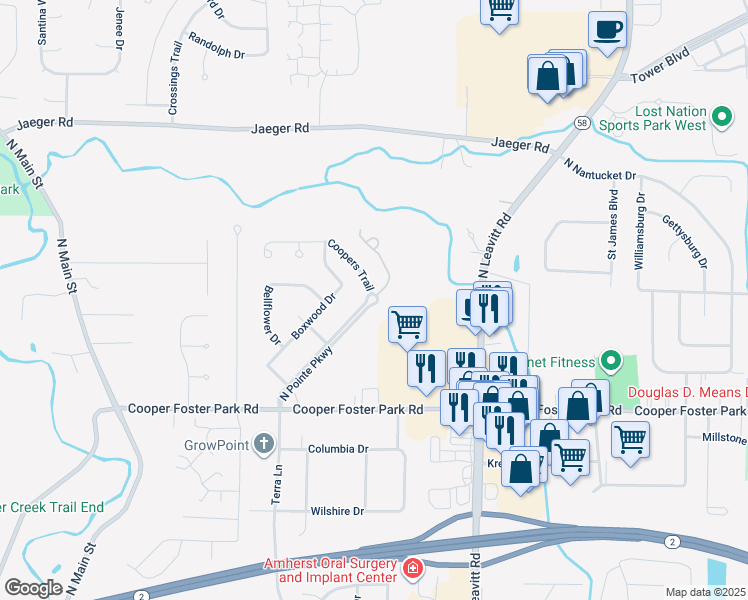 map of restaurants, bars, coffee shops, grocery stores, and more near 5401 North Pointe Parkway in Lorain