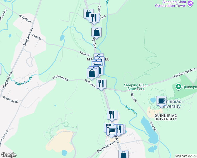 map of restaurants, bars, coffee shops, grocery stores, and more near 3500 Farmington Canal Heritage Trail in Hamden