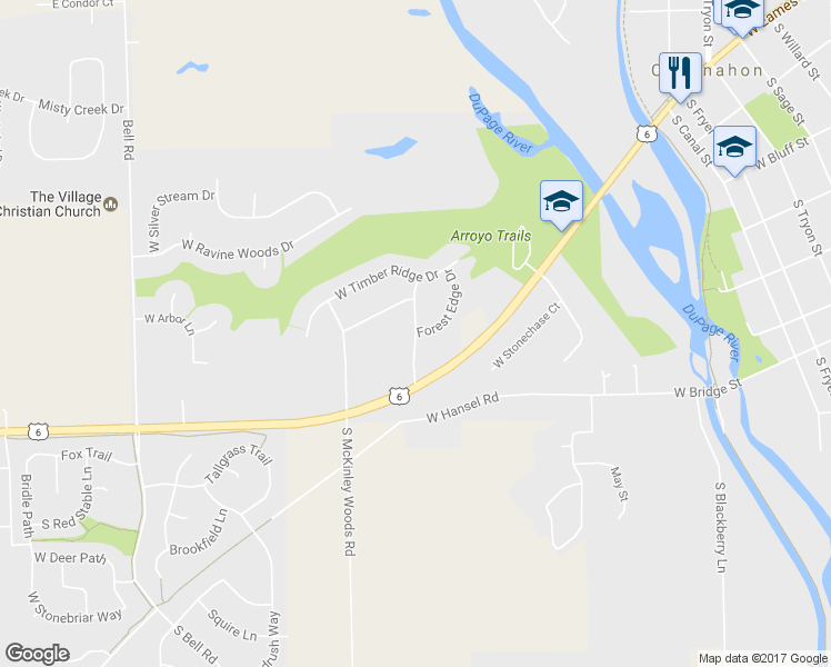 map of restaurants, bars, coffee shops, grocery stores, and more near 25360 Forest Edge Drive in Channahon