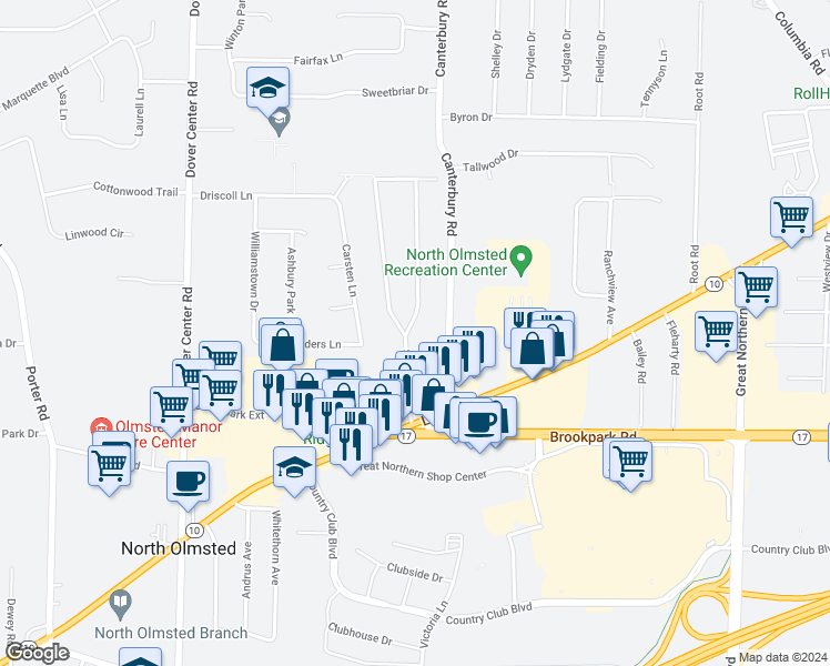map of restaurants, bars, coffee shops, grocery stores, and more near 4647 Selhurst Road in North Olmsted