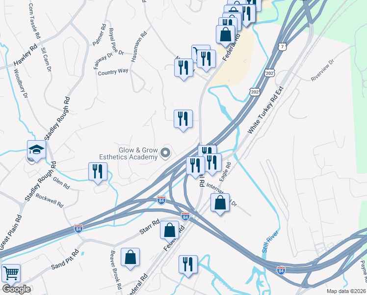 map of restaurants, bars, coffee shops, grocery stores, and more near 110 Federal Road in Danbury