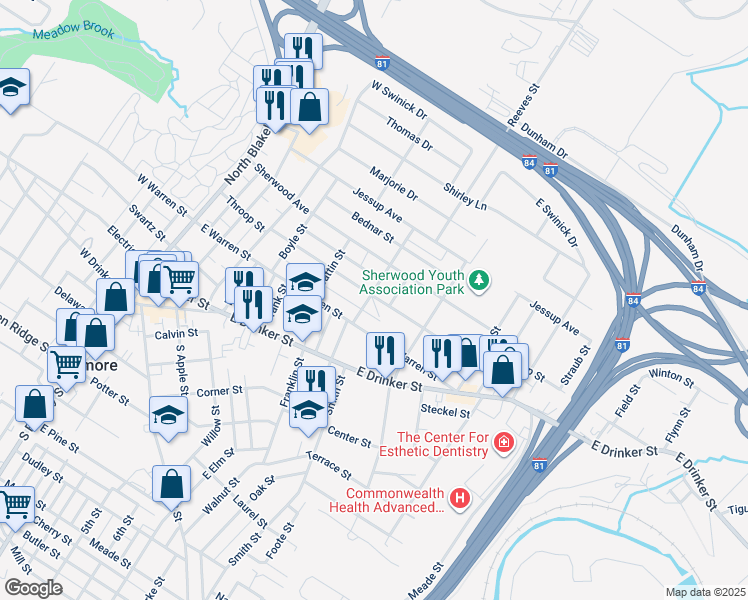 map of restaurants, bars, coffee shops, grocery stores, and more near 310 Reeves Street in Dunmore