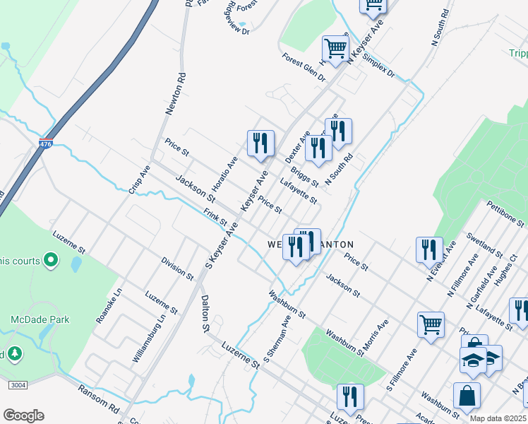 map of restaurants, bars, coffee shops, grocery stores, and more near 201-299 Dexter Ave in Scranton