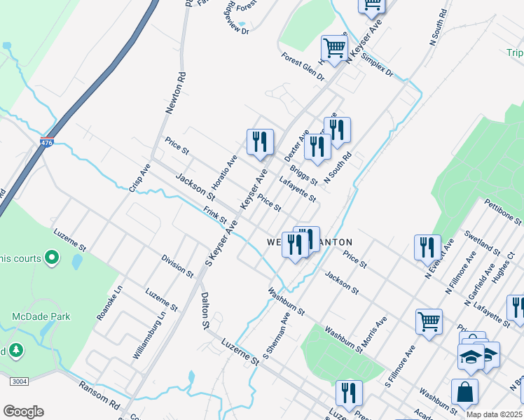 map of restaurants, bars, coffee shops, grocery stores, and more near 201-299 Dexter Ave in Scranton