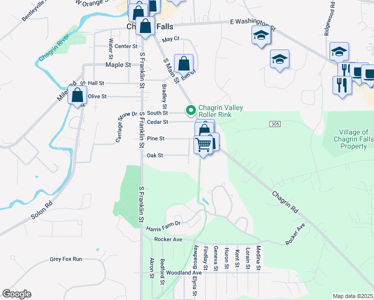 map of restaurants, bars, coffee shops, grocery stores, and more near 7101 Pine Street in Chagrin Falls