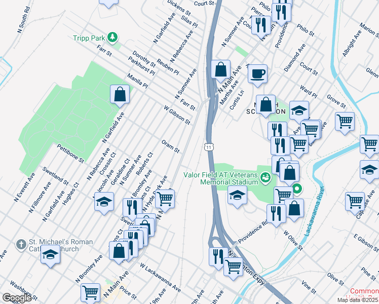 map of restaurants, bars, coffee shops, grocery stores, and more near 842 North Main Avenue in Scranton