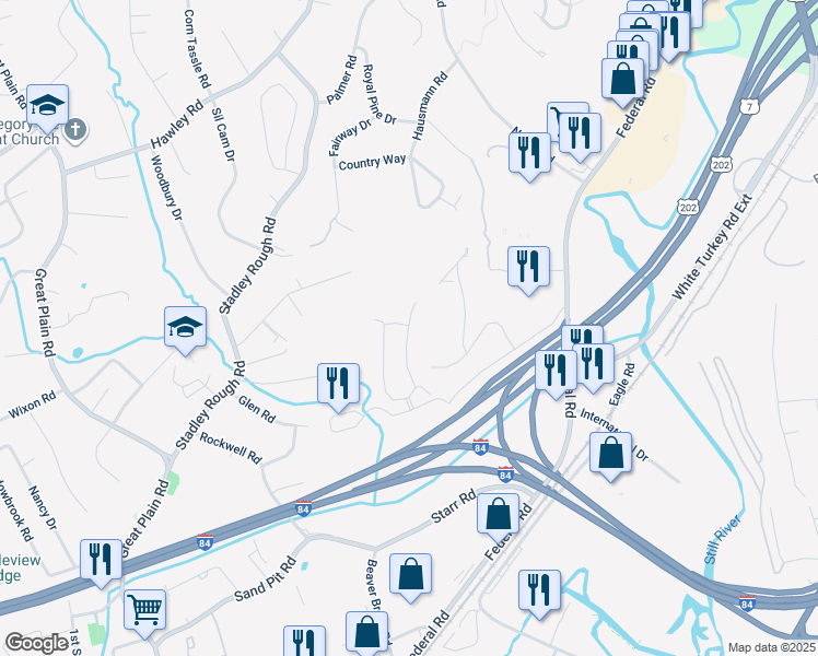 map of restaurants, bars, coffee shops, grocery stores, and more near 1506 Eaton Court in Danbury