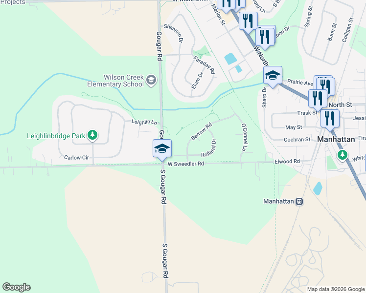 map of restaurants, bars, coffee shops, grocery stores, and more near 25620 Barrow Road in Manhattan